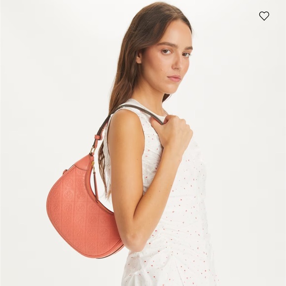 Tory Burch T Monogram Leather Crescent Bag In Coral Crush - Picture 4 of 7
